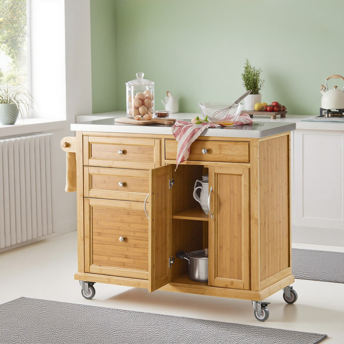 Keukentrolley – Keukenwagen – Serveerwagen – Werkbank op Wielen – Barwagen – Roestvrijstalen Werkblad – Vier Laden – Verstelbare Plank – 115x92x46 cm