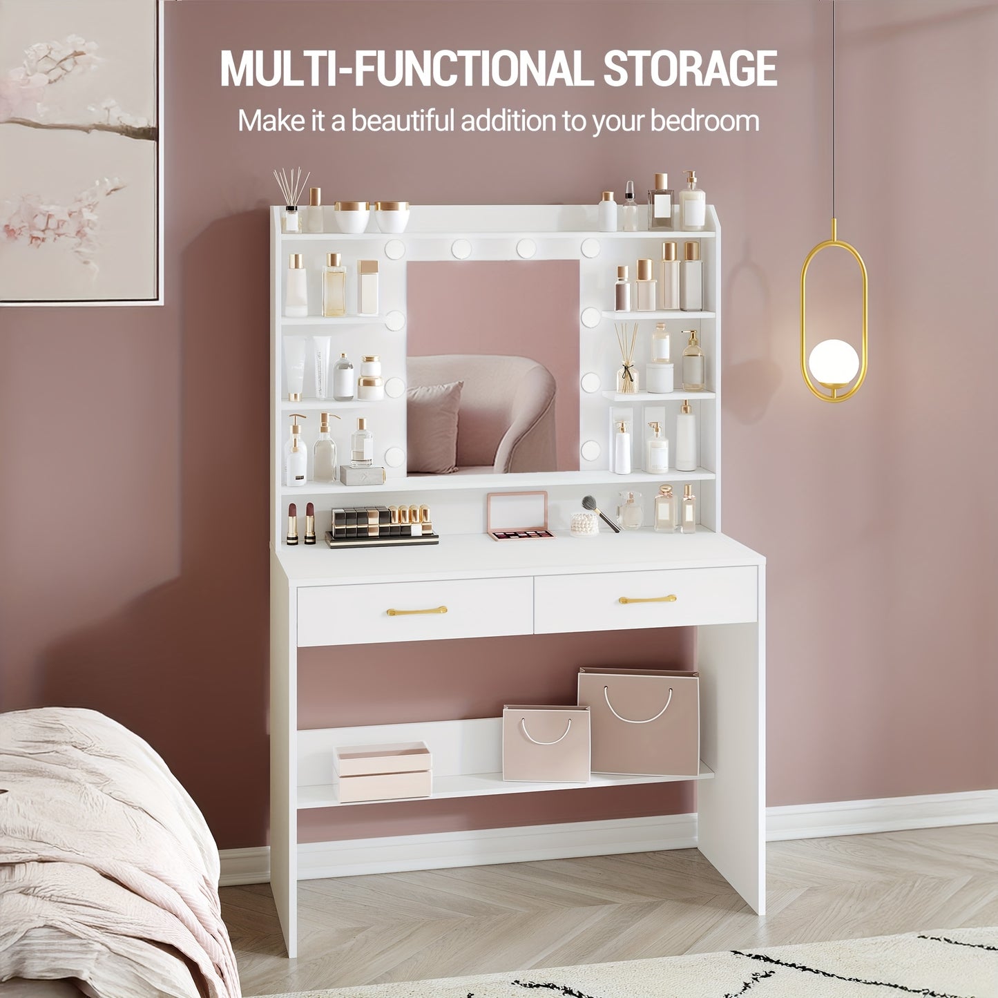 Kaptafel – Make-uptafel – Schminktafel – Toilletmeubel – Vanity – Met Spiegels – Verstelbare Helderheid – 40 x 100 x 149 cm – Wit – Met 2 Laden En Opbergruimte