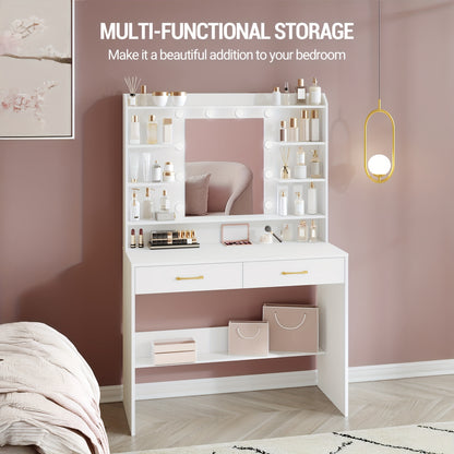 Kaptafel – Make-uptafel – Schminktafel – Toilletmeubel – Vanity – Met Spiegels – Verstelbare Helderheid – 40 x 100 x 149 cm – Wit – Met 2 Laden En Opbergruimte