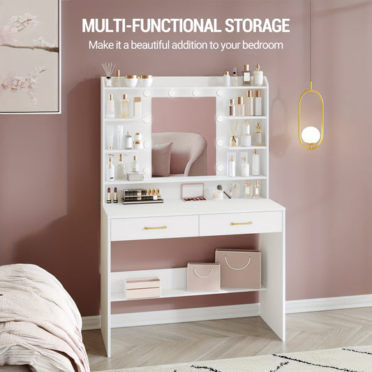 Kaptafel – Make-uptafel – Schminktafel – Toilletmeubel – Vanity – Met Spiegels – Verstelbare Helderheid – 40 x 100 x 149 cm – Wit – Met 2 Laden En Opbergruimte
