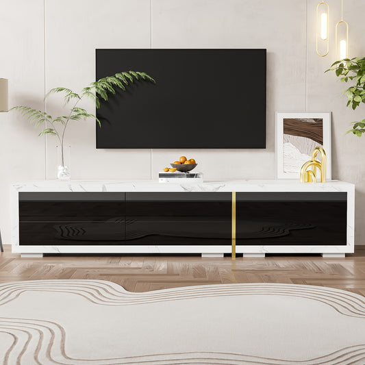 Draaibare TV-meubel – TV Meubel – TV Kast – Mediameubel – Tv Dressoir – Verstelbare Lengte 139,7-259 cm – Wit Marmeren Blad met Zwart Hoogglans Mat en Gouden Accenten
