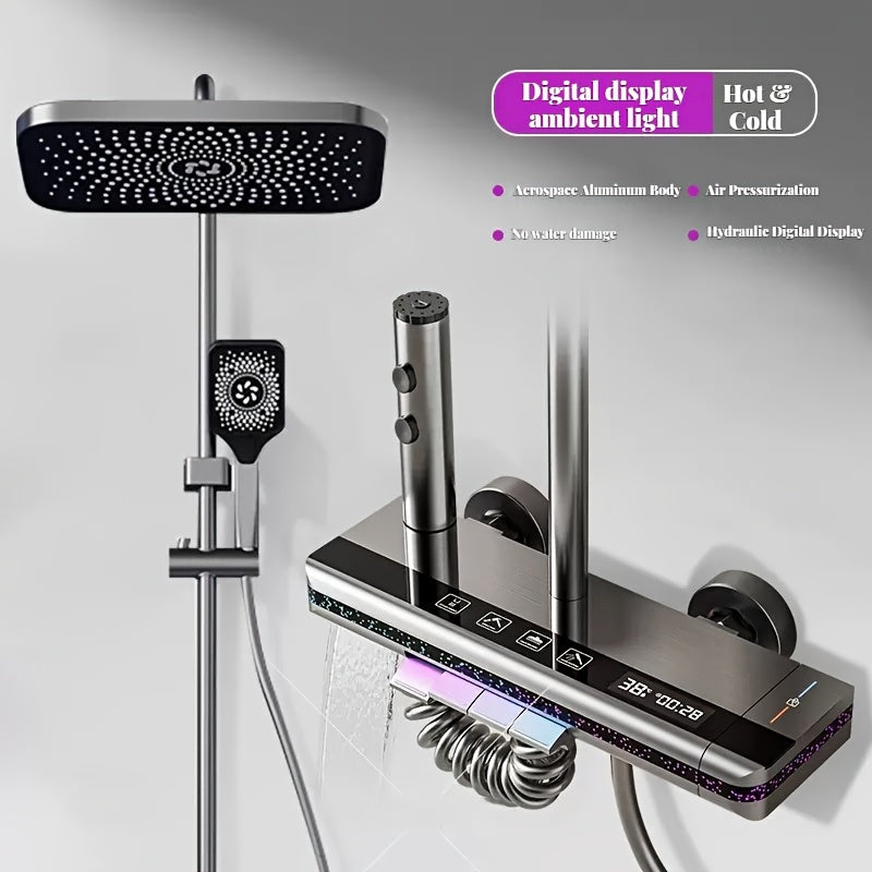 Doucheset – Regendouche – Handdouche – Thermostatische Kraan – Digitale Temperatuurweergave – Atmosferische Ledverlichting – Gunmetal CX – Hoge Kwaliteit Roestvrij Staal – Eenvoudige Wandmontage