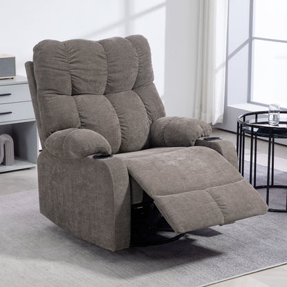 Relaxfauteuil – TV Stoel – Draaifauteuil – Lounge Fauteuil – Schommelstoel – Verstelbare Rugleuning 135° – Met Voetensteun en Bekerhouder – Lichtbruin Polyester