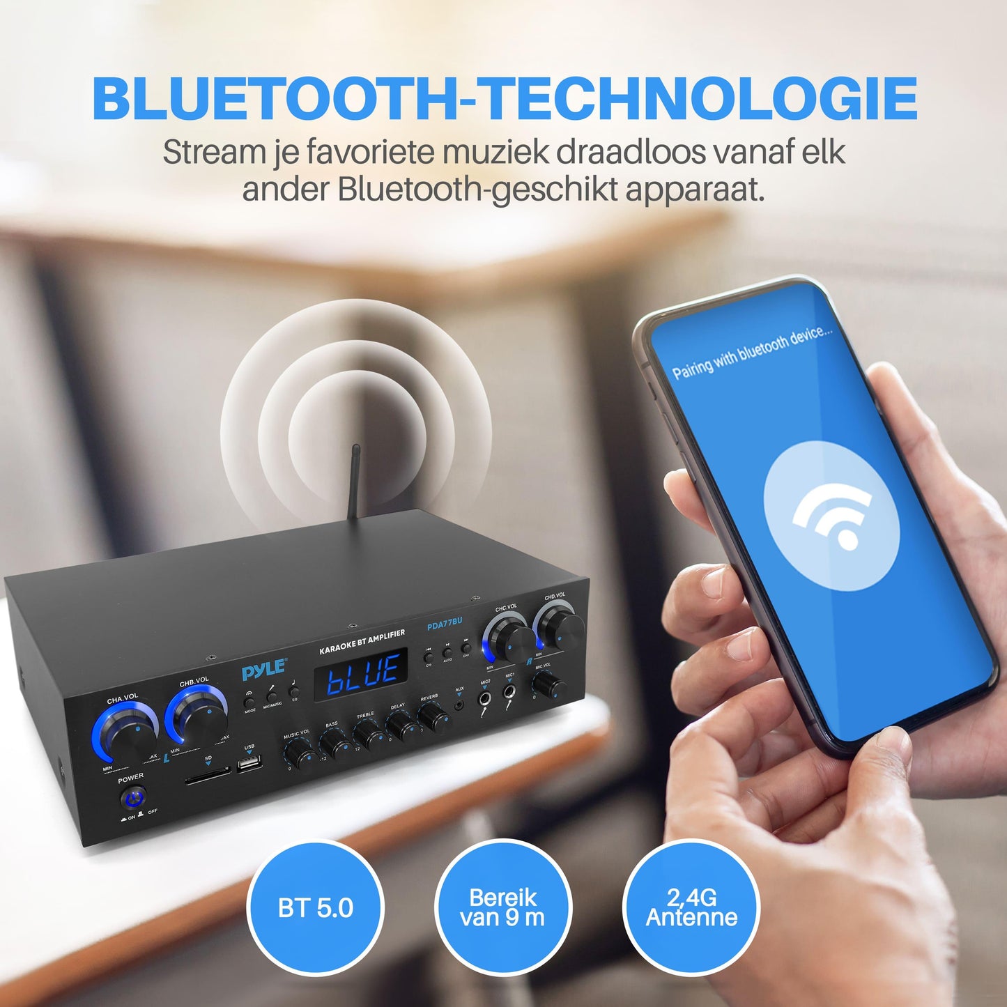 4-Kanaals Audioversterker – Versterker – Receiver – Audio Amplifier – Bluetooth Versterker – 800W Vermogen – Draadloze Bluetooth 5.0 & 2 Microfooningangen met Reverb en Delay
