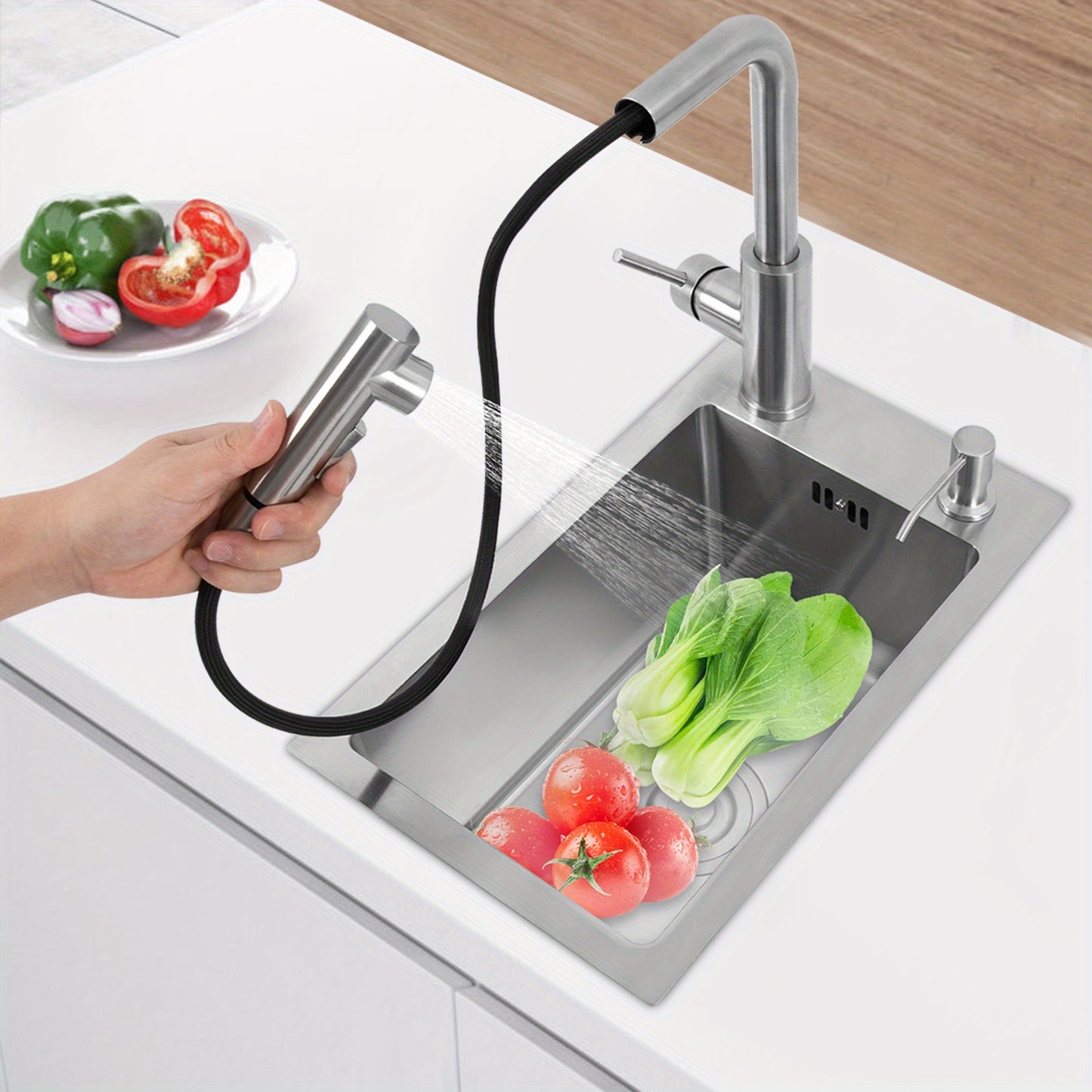 Enkele Groef Spoelbak – Spoelbak, Keukenspoelbak, RVS Spoelbak, Enkele Kom – 304 Roestvrij Staal – Afmetingen 46x28x22 cm – Uitschuifbare Kraan met Zeepdispenser