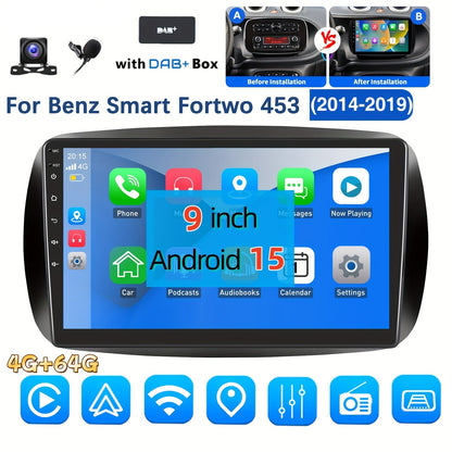 Autoradio – Car Stereo – Head Unit – Multimedia Speler – 2-DIN Systeem – Voor Smart Fortwo 453 (2014-2019) – 9 Inch IPS Touchscreen – Inclusief AHD Achteruitrijcamera & DAB+ Radio