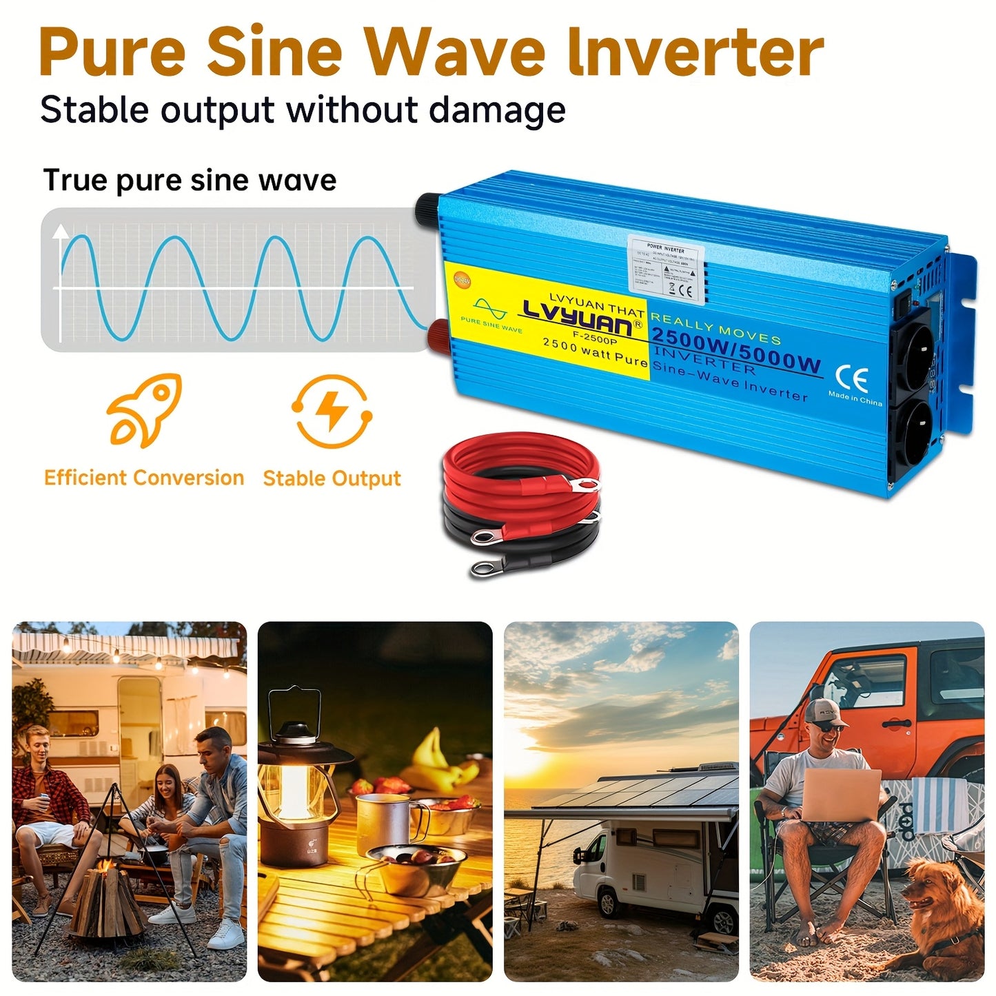 Spanningsomvormer – Omvormer – Inverter – Stroomomzetter – Converter – 24V Naar 220V – 2500W Continu – Pure Sinusgolf Met LCD Display