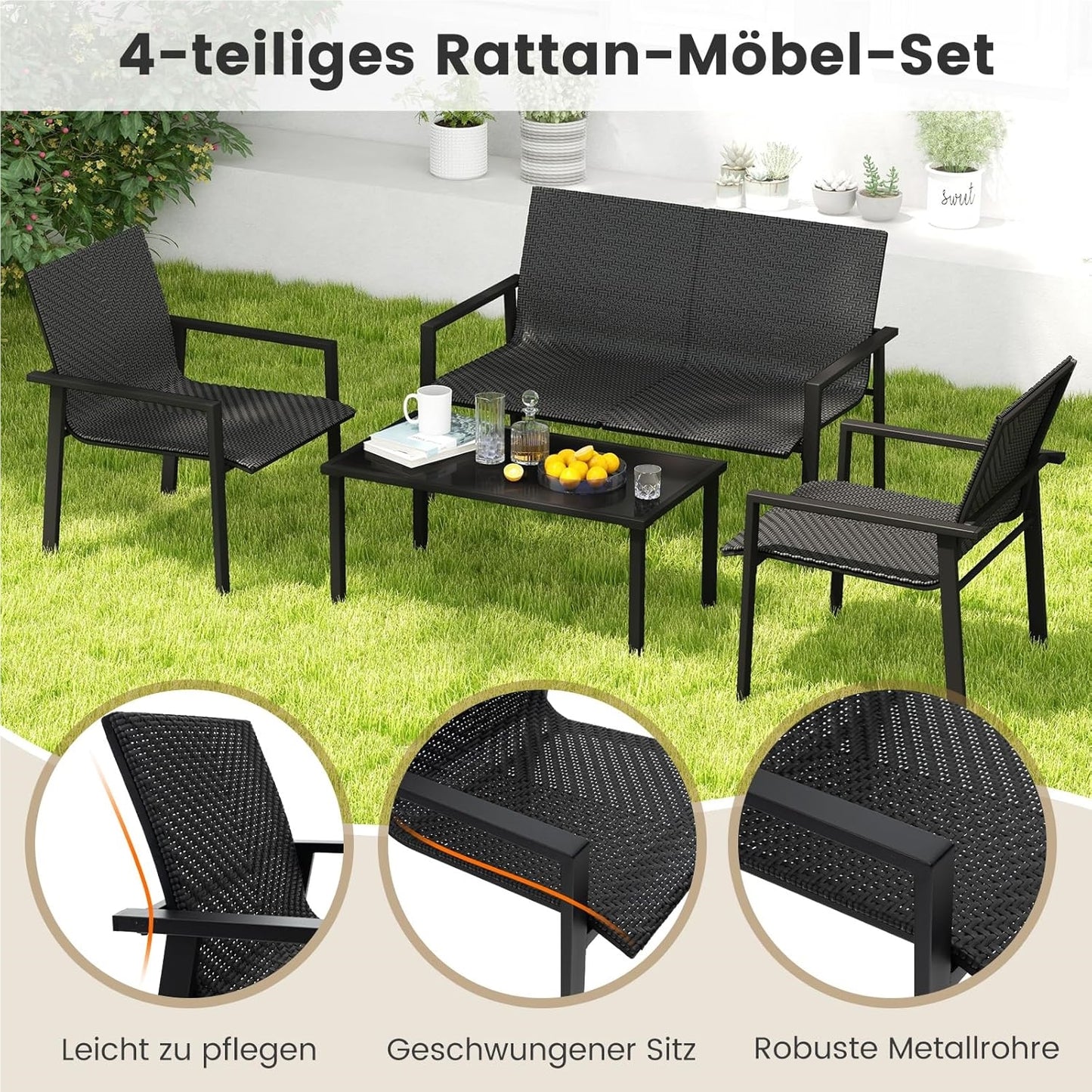 Polyrattan Tuinset – Tuinmeubelset – Loungeset – Buitenmeubelen – Patio Meubilair – 4-delig Zwart – Ergonomisch Design – Tempered Glas Tafel