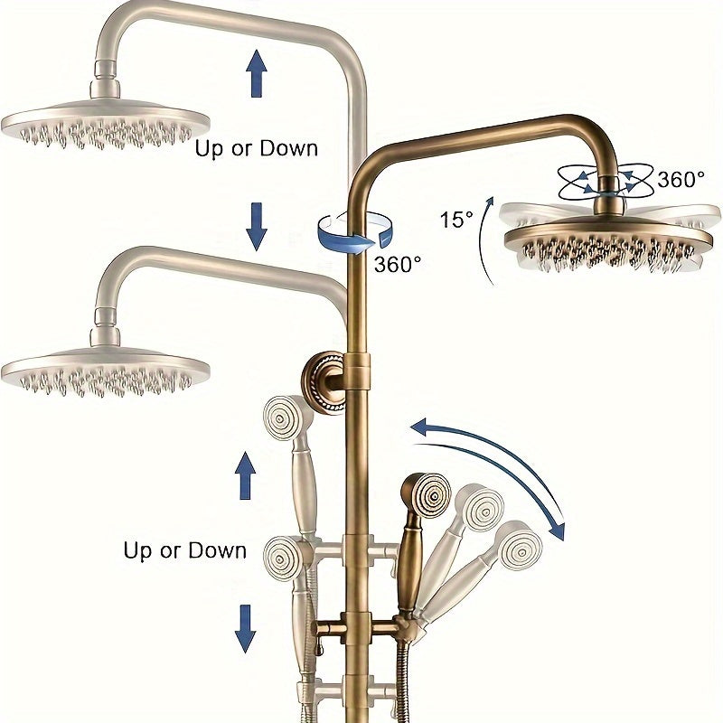 Doucheset – Regendouche – Handdouche – Douchekraan – Douchegarnituur – Antiek Messing Goud – Verstelbare Hoogte 70-120 cm – 20 cm Regendouchekop