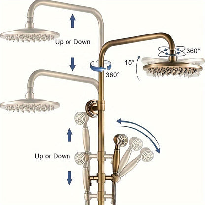 Doucheset – Regendouche – Handdouche – Douchekraan – Douchegarnituur – Antiek Messing Goud – Verstelbare Hoogte 70-120 cm – 20 cm Regendouchekop