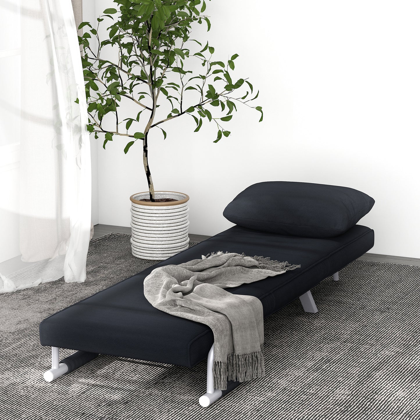 Bedbank – Slaapbank – Fauteuil – Logeerbed – Sofa – Verstelbare Rugleuning – Afneembare Voetensteun – Zwart Suède – Metaal