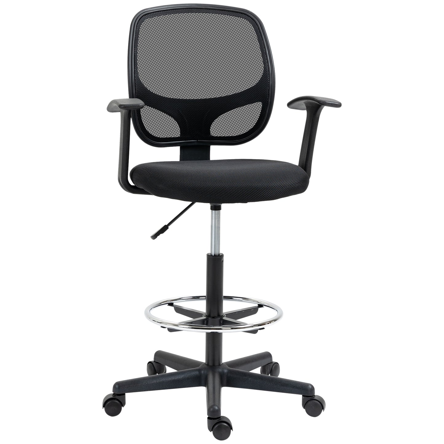 Bureaustoel – Werkstoel – Office Chair – Draaistoel – Tekentafelstoel – Verstelbare Zithoogte 110-132 cm – Inclusief Voetenring Mesh Rugleuning – Zwart