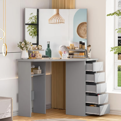 Hoekkosmetische Tafel – Hoekmake-uptafel – Make-uptafel – Kaptafel – Schminktisch – 3 Spiegels – 5 Laden – Ruimtebesparend – Moderne Grijze Styling