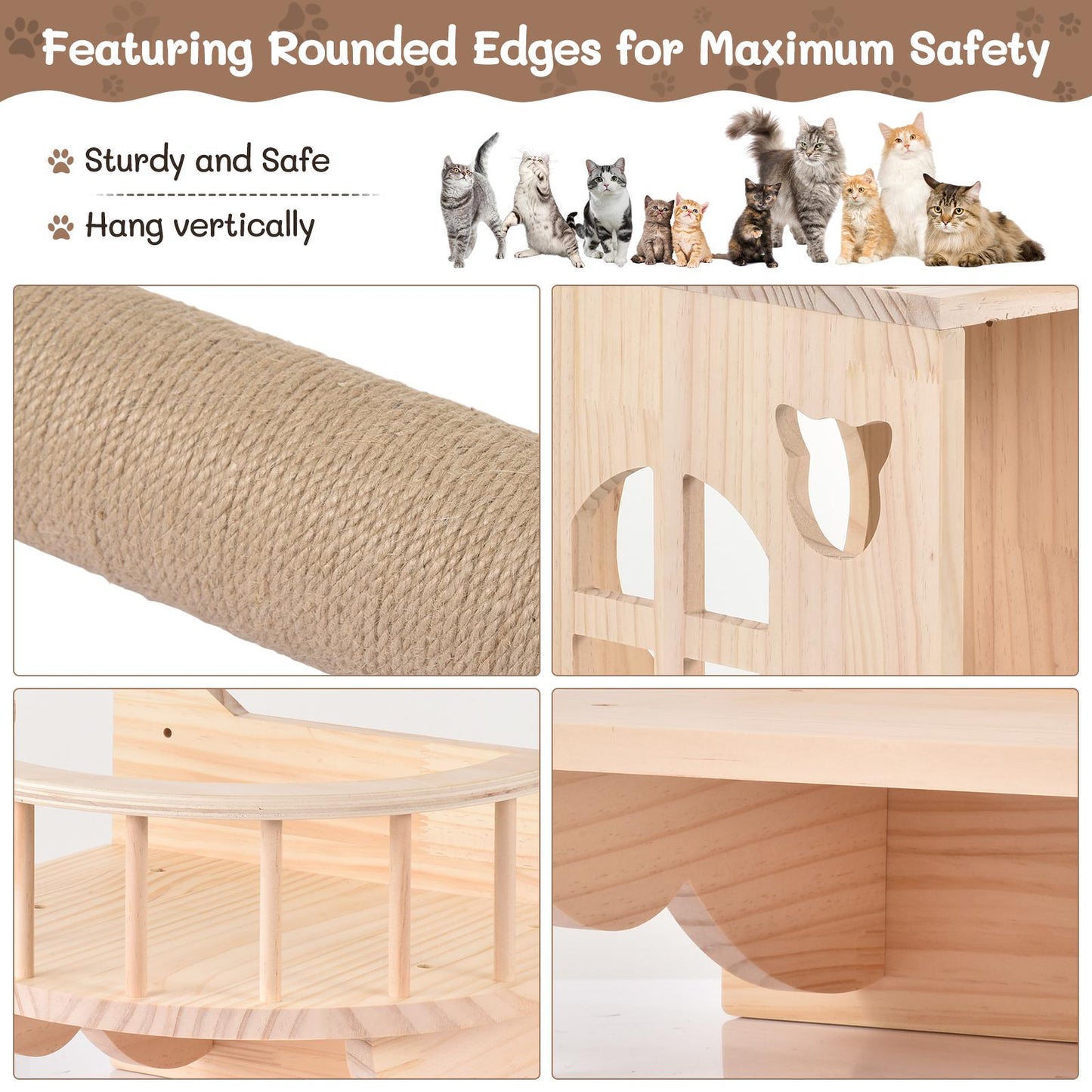 Krabpaal – Kattenboom – Kattenhuis – Kattenmeubel – Klimmeubel – 5-in-1 Muurklimset – Massief Hout – Ruimtebesparend Design