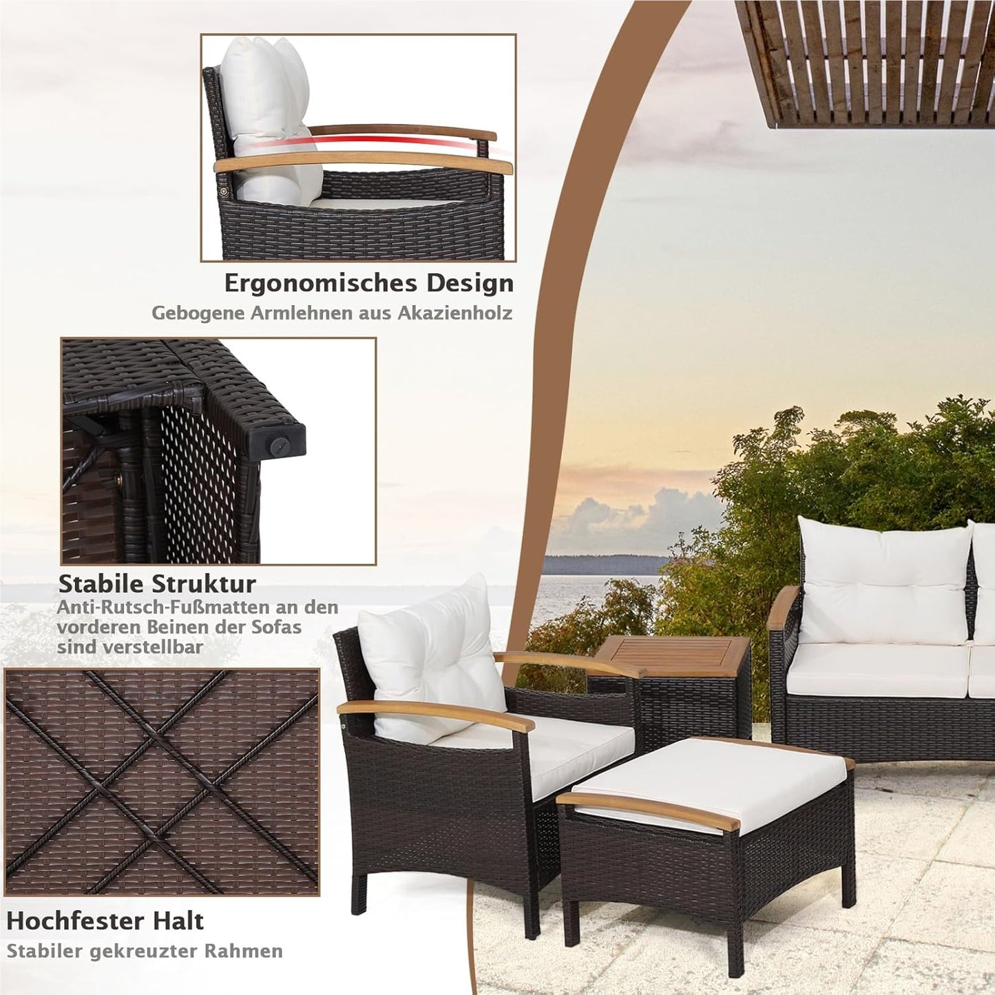 Tuinmeubelset Rattan – Balkonmeubels – Loungeset – Buitenmeubelen – Zithoek – Acaciahouten Tafelbladen – Comfortabele Kussens – Weerbestendig Stalen Frame