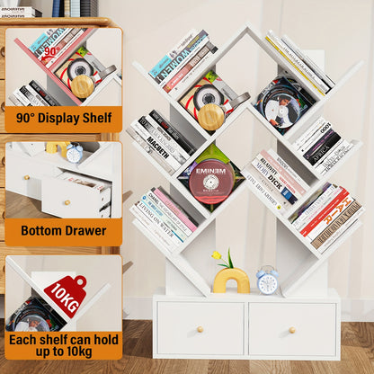 Boomvormige Boekenkast – Boekplank – Opbergkast – Wandrek – Boekenkast Met Lades – Wit Hout – Compact 60x20x100 cm – Vrijstaand & Duurzaam