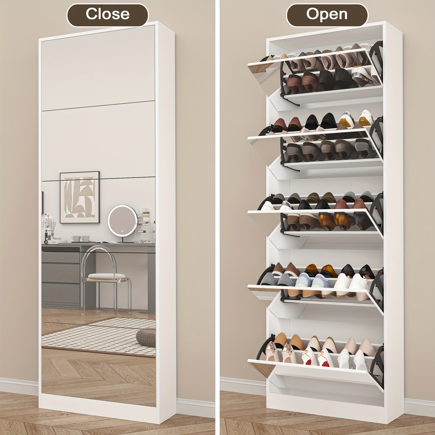 Shoe Storage Unit with a Full-Length Mirror, Featuring a Double Rack And Five Flip Drawers, Designed in White Wood for Organizing Shoes in Entryways, Hallways, And Corridors.