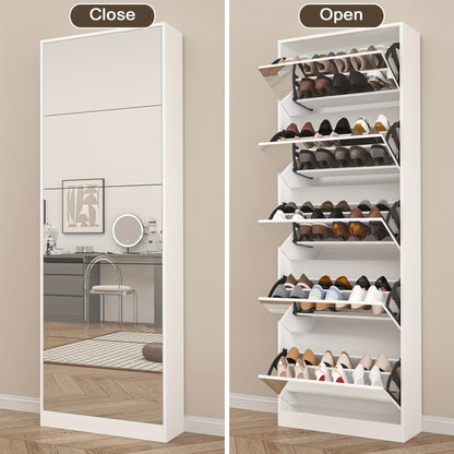 Shoe Storage Unit with a Full-Length Mirror, Featuring a Double Rack And Five Flip Drawers, Designed in White Wood for Organizing Shoes in Entryways, Hallways, And Corridors.