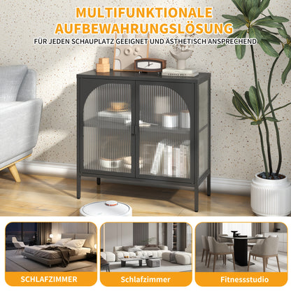 Living Room Bedroom Kitchen Metal Sideboard, Accent Storage Cabinet with 2 Glass Doors and Adjustable Shelves for Coffee Bar or Hallway Decor - H80cm×W80cm×D35cm