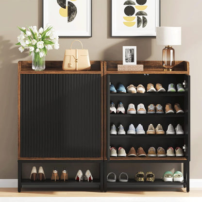 Shoe Cabinet with Doors, 5-Tier Shoe Storage Cabinet for Entryway Hallway, Wooden Shoe Rack Organizer Cabinet for 15-20 Pair of Shoes, Black and Brown (1)
