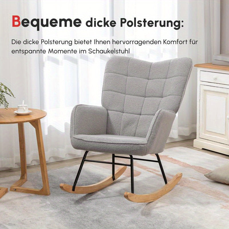 Schommelstoel – Schommelstoel Retro – Schommelstoel Hout – Loungestoel – Schommelstoel Ergonomisch – Stevig Massief Hout – Comfortabele Lichtgrijze Bekleding – Compact 71x92x101 cm