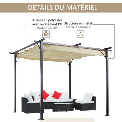 Pergola – Tuinoverkapping – Terrasoverkapping – Schaduwdoek – Buitenpaviljoen – Uittrekbaar Dak – Waterdicht Polyester 180 g/m² – Epoxy Metaal Anti-Corrosie Frame – Beige Variant
