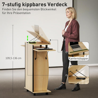 Sprekerstafel – Podium – Lectern – Rollend Presentatiegestoelte – Praatgestoelte – Inklapbare Zijvleugels – Lade & Opbergruimte – Donker Eikenhout Look