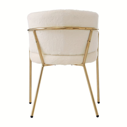 Luxe Fauteuil – Lounge Stoel – Eetkamerstoel – Make-up Stoel – Beige Imitatierabbitvacht – Gouden Metalen Poten – Stevig Metaalframe – Gemakkelijk Te Monteren