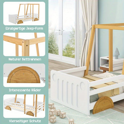 Auto Bed – Kinderbed – Speelbed – Peuterbed – Juniorbed – MDF Wielen – Pin Frame Wit Natuurkleur – Afmeting 90x200 cm