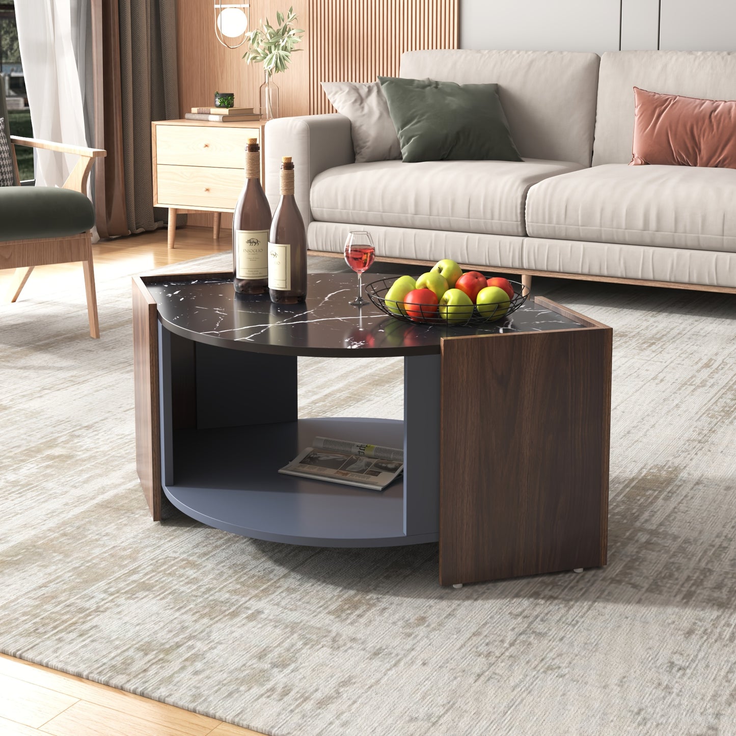 Koffietafel – Salontafel – Bijzettafel – Tafeltje – Lounge Tafel – Modern Marmerlook – Warmbruin Onderstel – Geen Montage – Compact Design
