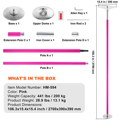 Danspaal – Dansstok – Pole Dance Paal – Fitnesspaal – Spinning Paal – Roestvrij Staal 40mm – Verstelbare Hoek 216-270cm