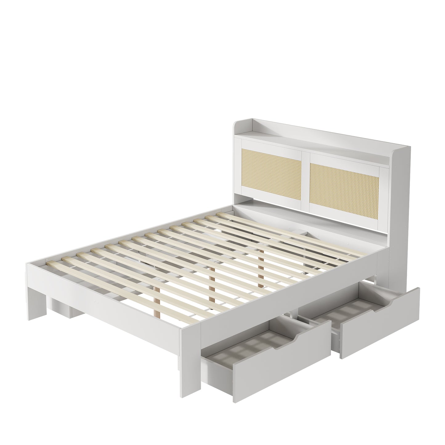 Bedkasten – Opbergbed – Tweepersoonsbed – Massief Houten Bed – Opbergladen – 140x200 cm – Rattan Decoratie – Ruime Opberglades