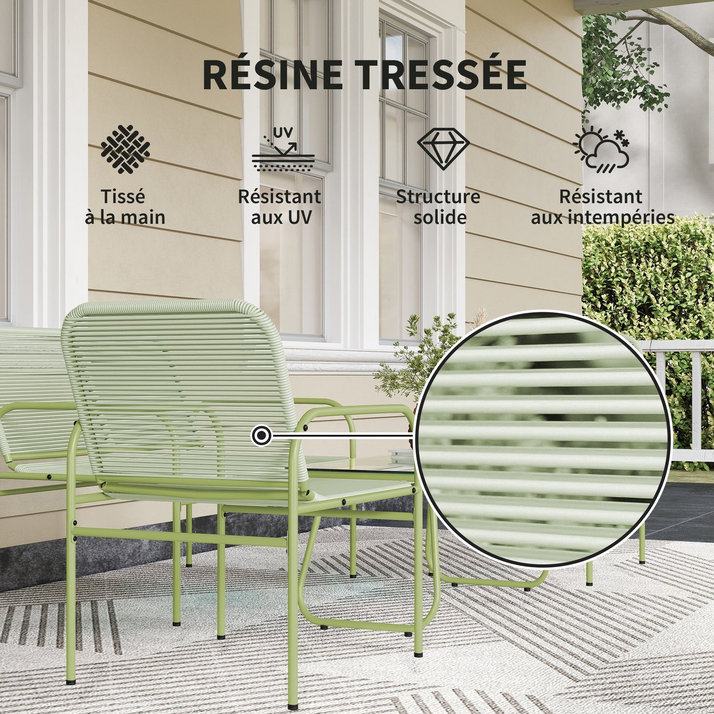 4-Persoons Loungeset Buiten – Tuinmeubels – Loungesofa – Balkonset – Terras Meubilair – Groen – Weerbestendig Gevlochten Kunststof – Temperglas Salontafel