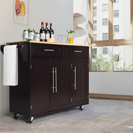 Keukentrolley – Keukenwagen – Servierwagen – Werktafel – Keukenkar – Houten Keukentrolley Met Wieltjes – 2 Schappen en 2 Lades – Verstelbare Plankniveaus – Compacte Afmetingen 122x46x93 cm