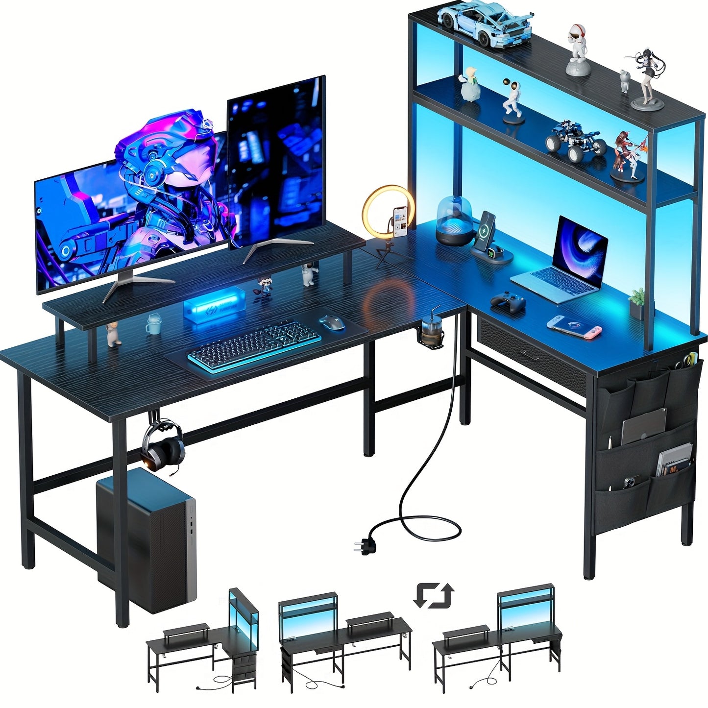Gamingsbureau – Gaming Desk – Hoekbureau – Computerbureau – Game Bureau – L-Vorm – LED Verlichting – Monitorstandaard – Zwart