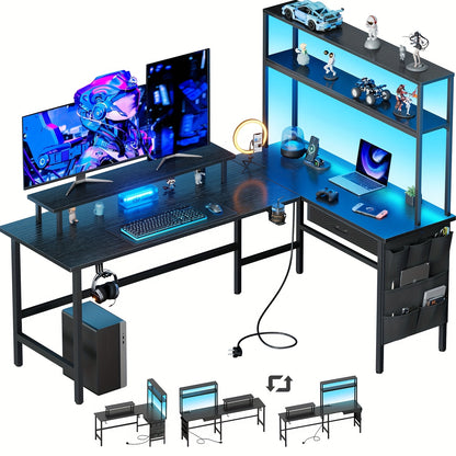 Gamingsbureau – Gaming Desk – Hoekbureau – Computerbureau – Game Bureau – L-Vorm – LED Verlichting – Monitorstandaard – Zwart