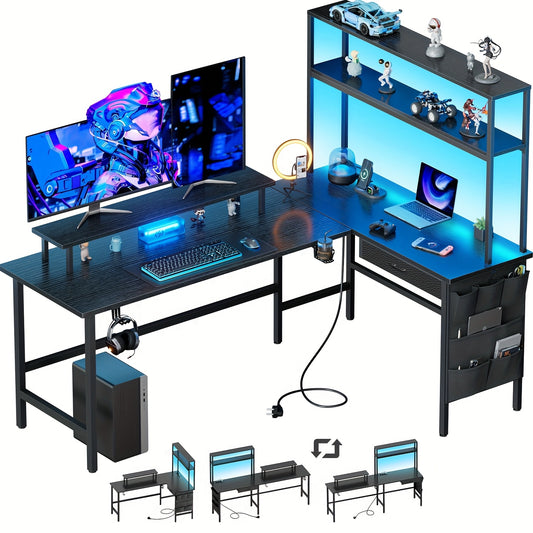 Gaming Bureau – Gaming Desk – Hoekbureau – Game Bureau – Computerbureau – L-Vormig Hoekontwerp – LED Verlichting – Zwart – Met Monitorstandaard – Ruime Opbergruimte