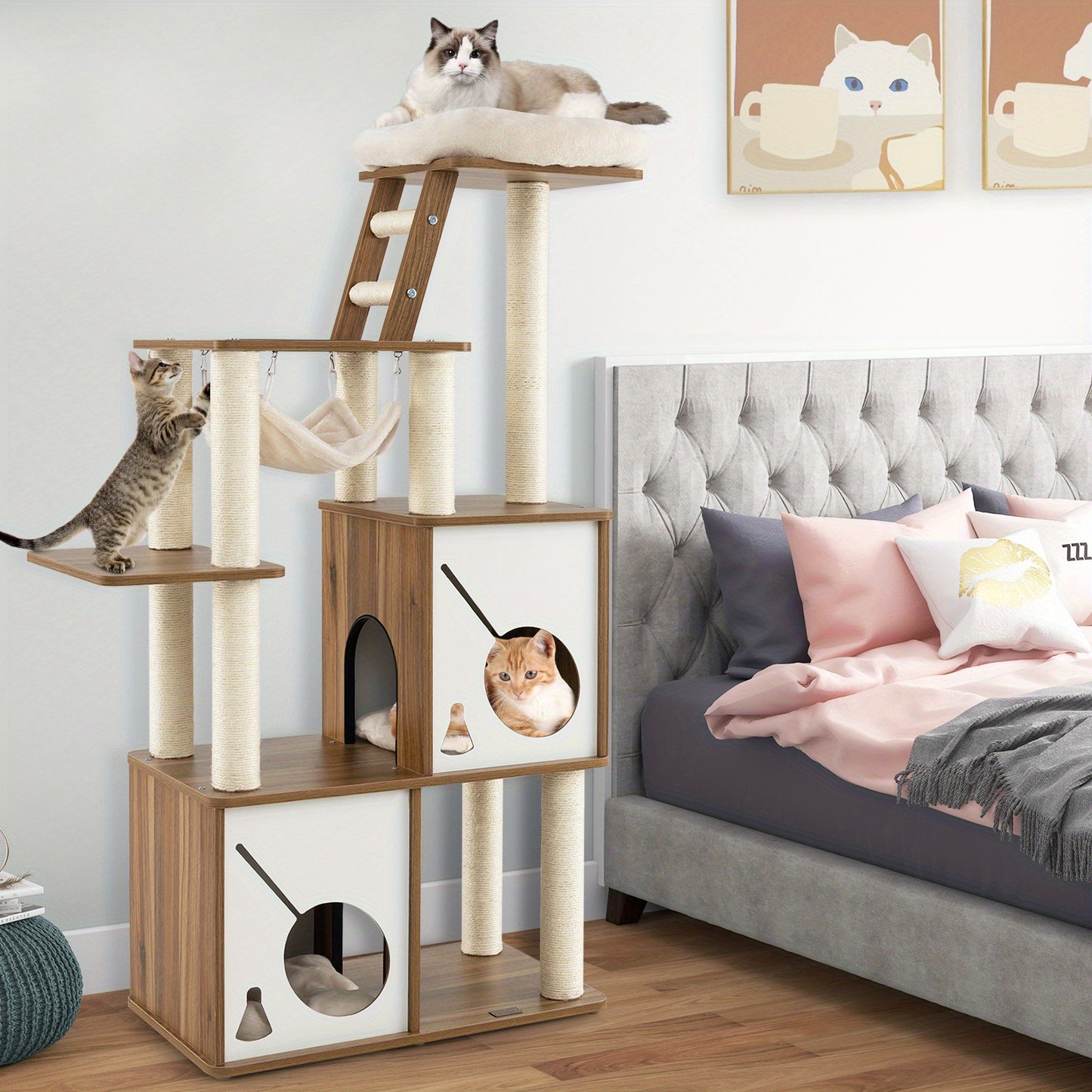 Krabpaal – Kattenboom – Kattenhuis – Krabmeubel – Kattentoren – 145 cm Hoog – Sisal Beklede Krabpalen – Afneembaar Wasbaar Bovenplatform en Huisjes