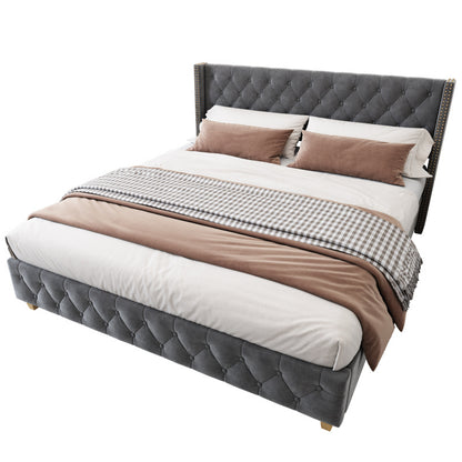 Gestoffeerd Bed – Velvet Bed – Eenpersoonsbed – Slaapbed – Lattenbodem Bed – Grijze Velvet Bekleding – 140 x 190 cm – Stevig Met Klinknagel Afwerking
