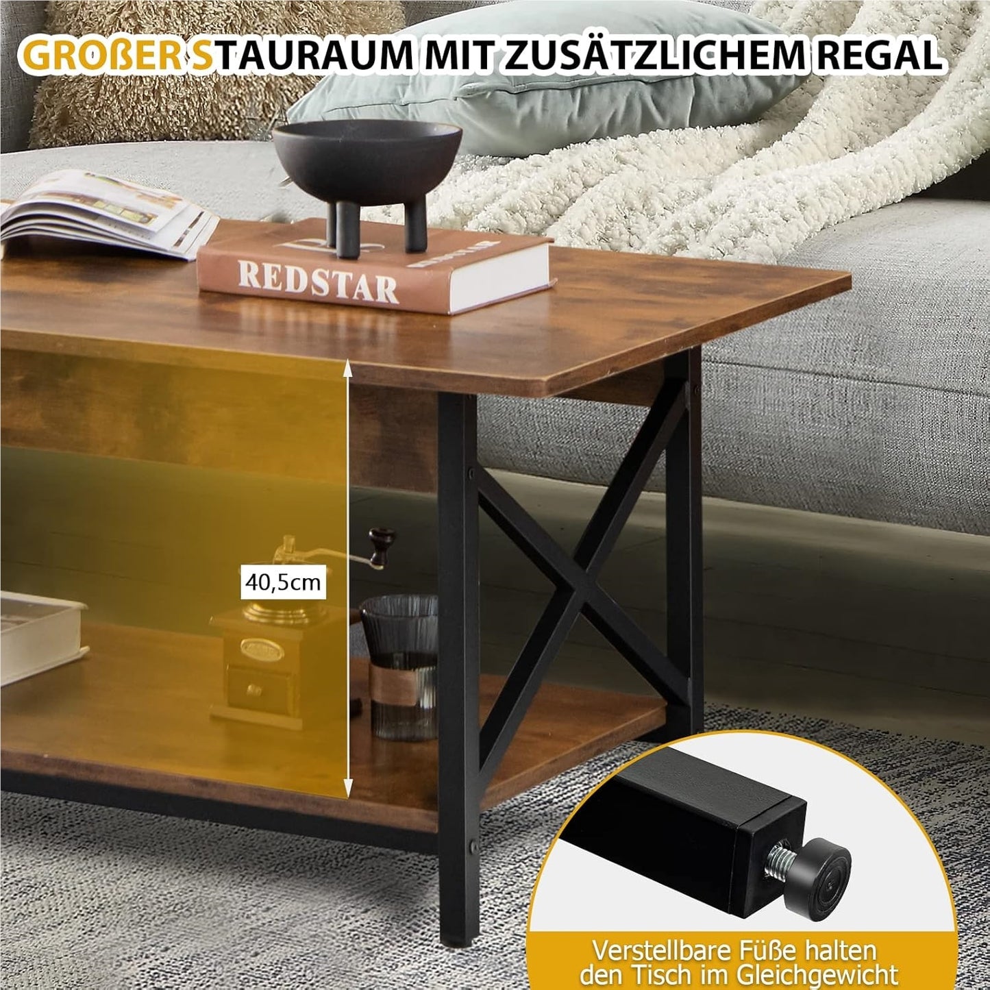 Salontafel – Koffietafel – Woonkamertafel – Bijzettafel – Houten Tafel – Industrieel Design – Extra Opbergruimte – Robuust Metalen Frame – 110 x 60 x 48 cm – Rustic Brown