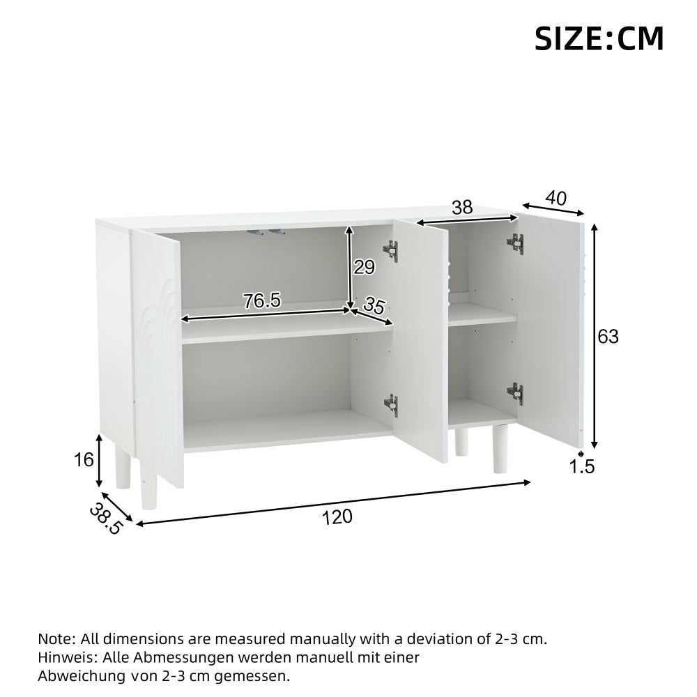 Dressoir – Sideboard – Opbergkast – Kast – Wandmeubel – Wit – 120x38,5x79 cm – Verstelbare Plank – 16 cm Poten