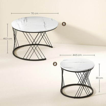 Set van 2 Ronde Salontafels – Bijzettafels – Tafeltjes – Nestbare Tafels – Witte Marmerlook Tafels – Nestbaar Ontwerp – Stevig Metalen Onderstel
