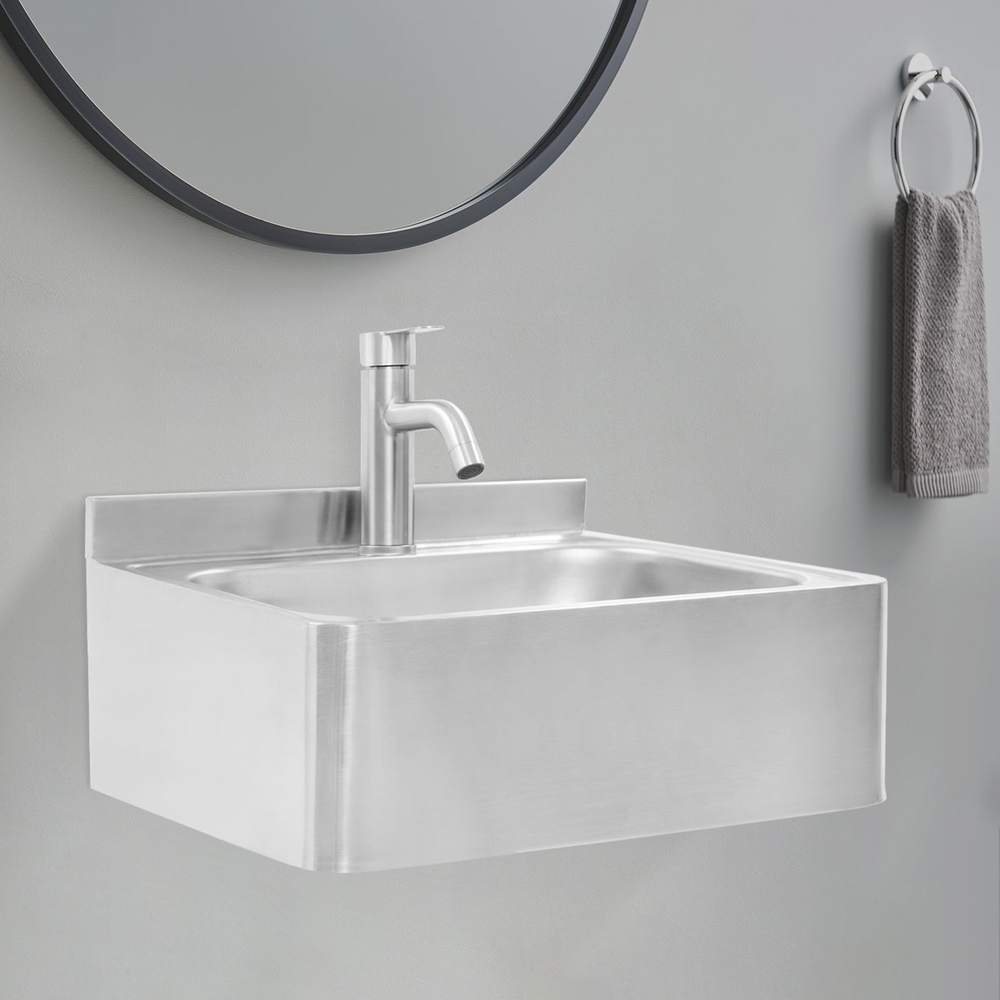 Heavy-Duty 304 Stainless Steel Wall-Mounted Sink with Faucet - Large Capacity Deep Basin (42.93x28.96x12.95cm), 180° Rotatable Hot/Cold Water Tap, Space-Saving Design for RV,, Bar, Boat - Commercial/Residential Use (Drainpip