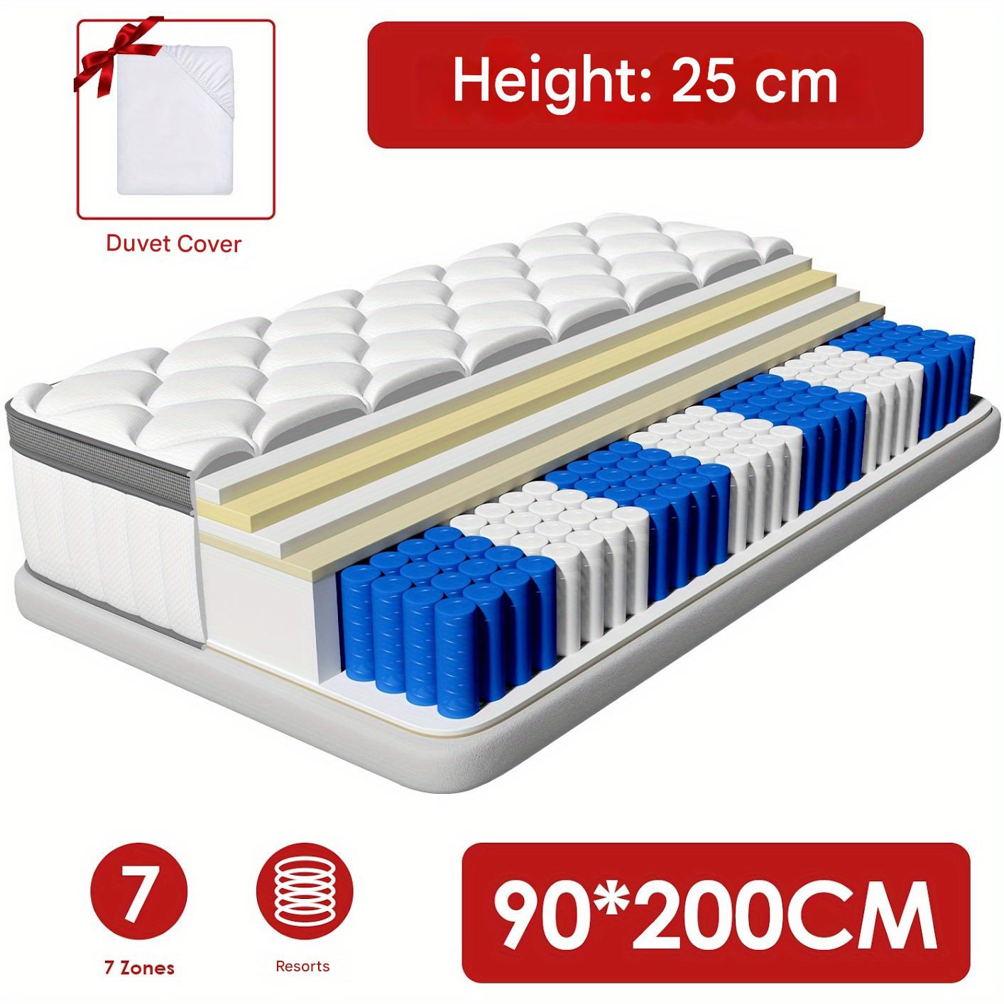 Matras 90x200 cm – Pocketveringmatras – Binnenveringsmatras – Eenpersoonsmatras – Ergonomisch matras – 7-Zones Pocketvering – 25 cm Hoog – Stevig H3 Ligcomfort