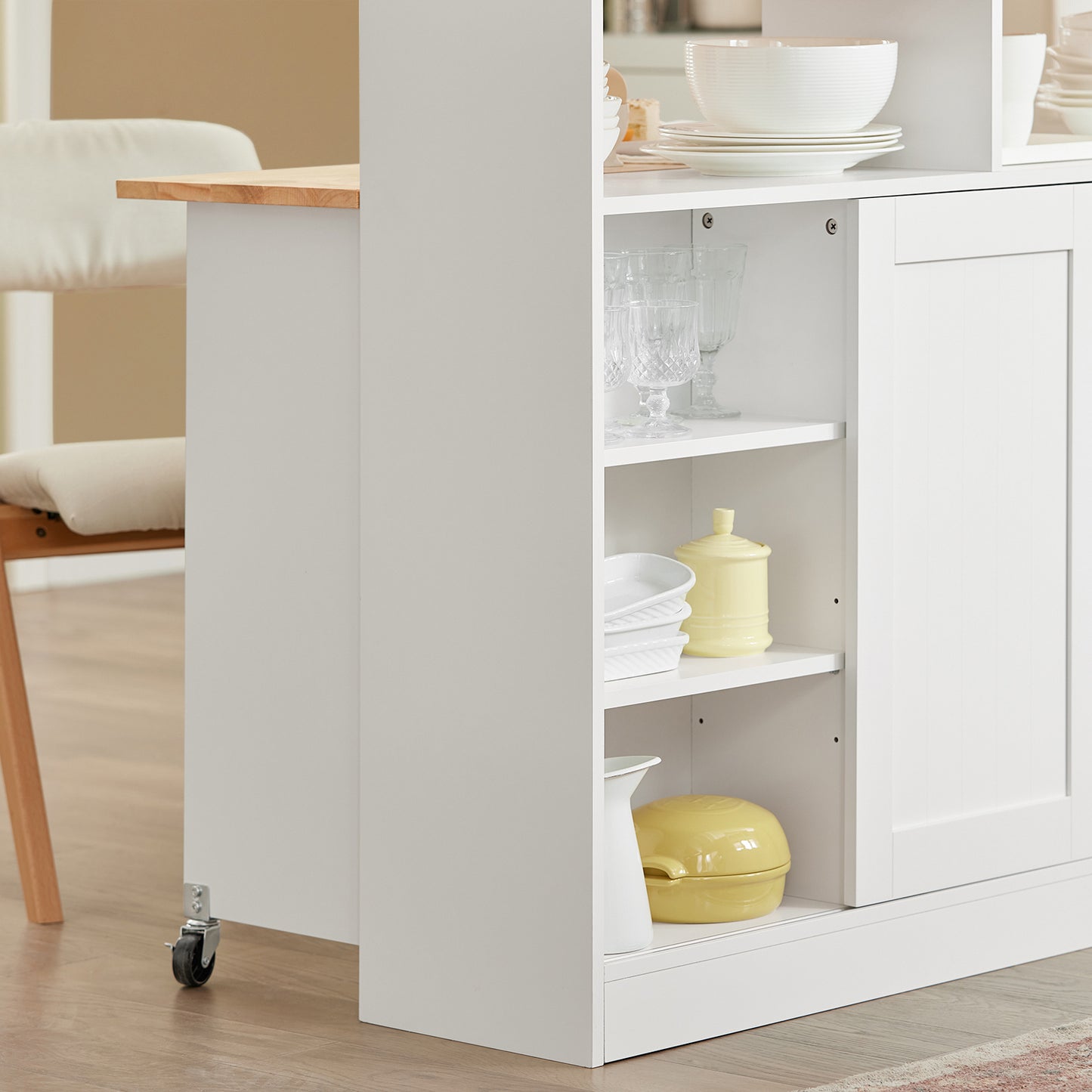 Keukeneiland – Keukenmeubel – Keukenkast – Buffetkast – Keukentrolley – Werkblad van Rubberwood – 6 Verstelbare Planken met Schuifdeuren