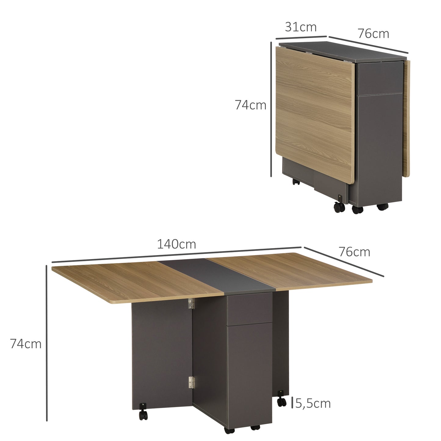 Opvouwbare Eettafel – Uitschuifbare Tafel – Keukentafel – Multifuntionele Tafel – Trolley Tafel – Met Wielen – 2 Lades & 1 Kast – 76x140x74 cm Grijs/Naturel Hout