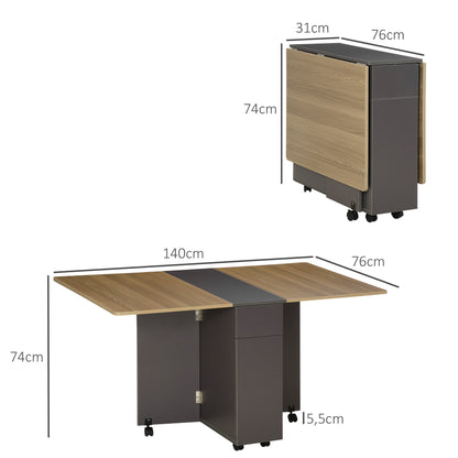 Opvouwbare Eettafel – Uitschuifbare Tafel – Keukentafel – Multifuntionele Tafel – Trolley Tafel – Met Wielen – 2 Lades & 1 Kast – 76x140x74 cm Grijs/Naturel Hout