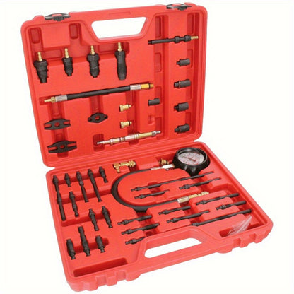 Compressietester – Drukmeter – Motorcompressietester – Cilinderdruktester – Testset – Geschikt Voor Benzine En Diesel – Meet Tot 40 BAR / 600 PSI – Inclusief Diverse Adapters – Met Opbergcase – Rood