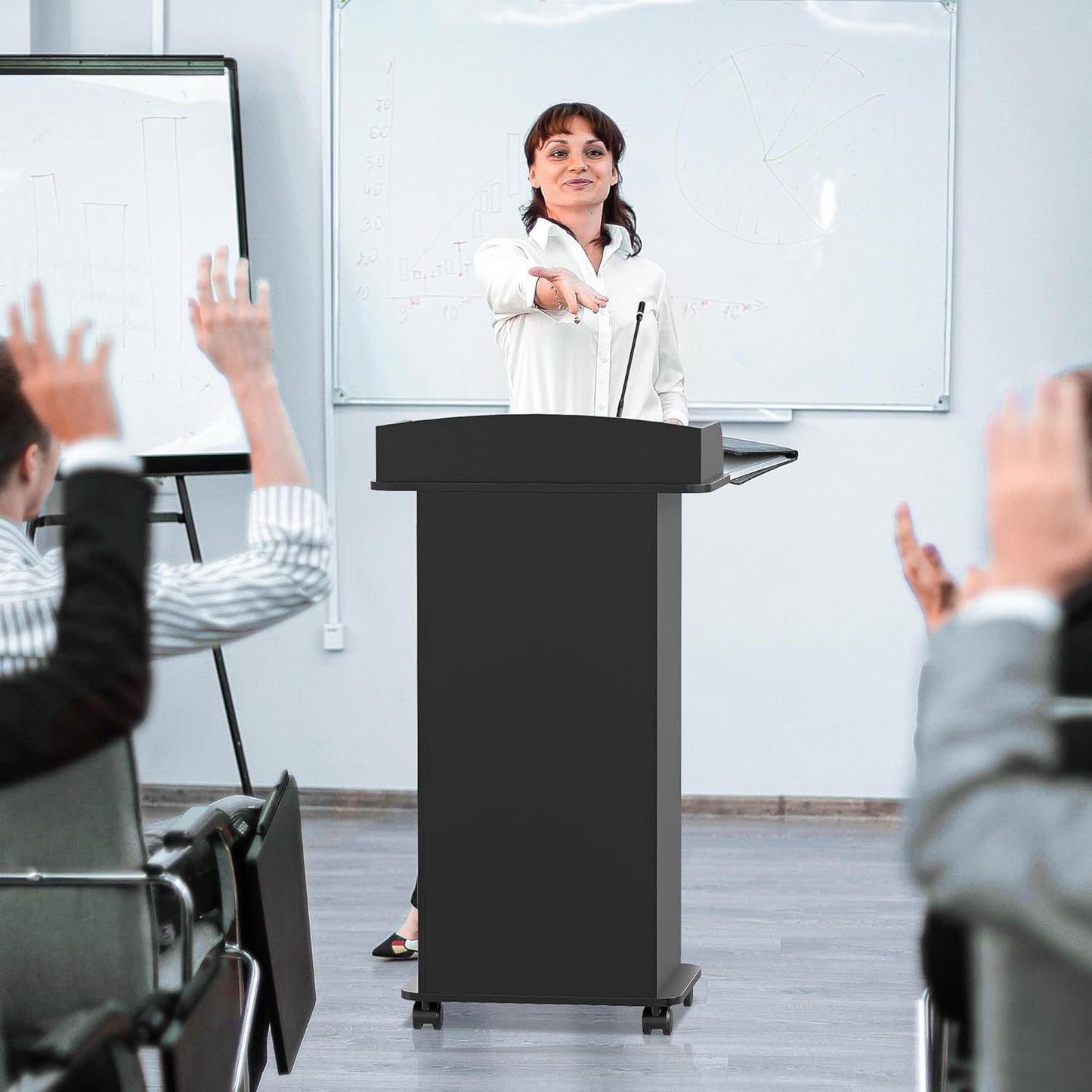 Step Podium Stand with Drawer Mobile Speaker Stand with Wheels Wooden Podium Black Lecterns with Storage Rack