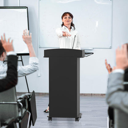 Step Podium Stand with Drawer Mobile Speaker Stand with Wheels Wooden Podium Black Lecterns with Storage Rack